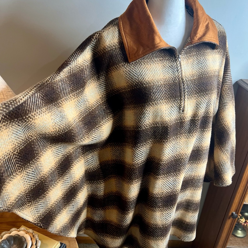 Women's Brown and Cream Plaid Half Zip Poncho Jacket